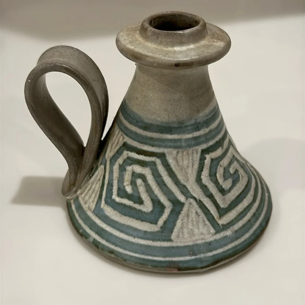 Handmade Geometric Design Pottery Candleholder Signed 4”